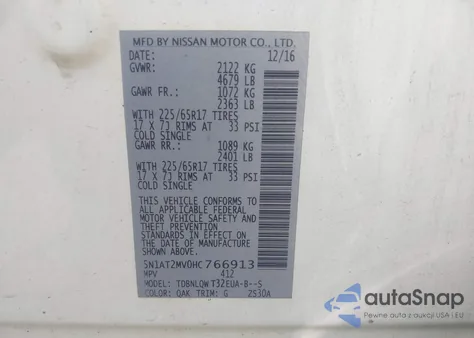 2017 Nissan Rogue Sv z USA, uszkodzony, nr VIN 5N1AT2MV0HC766913